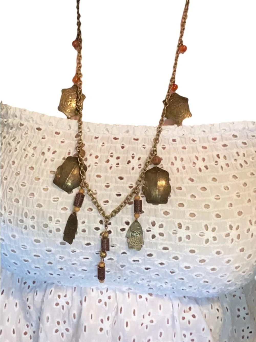 Vintage Boho Brass Pendant Necklace Coral wood Beads cottagecore festival - Picture 3 of 12